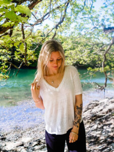 Anna, The Cornish Life Blog modelling the Cape Cornwall Limpet Shell Necklace